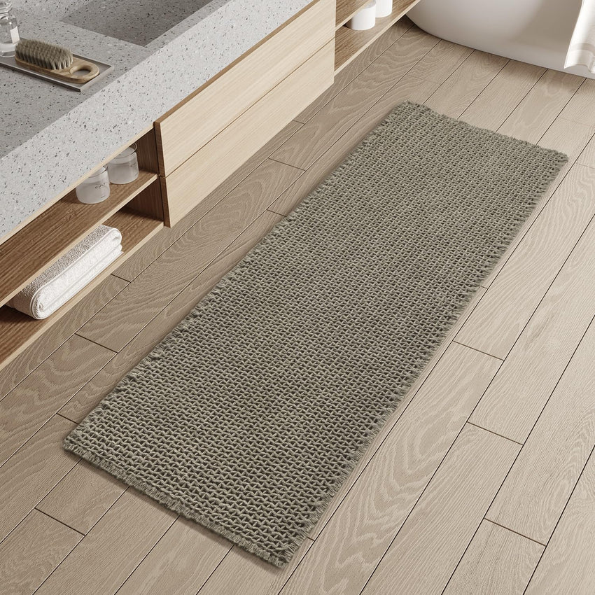 PADOOR Checkered Bath Mat, Super Absorbent Non Slip Bath Mats for Bathroom Floor 3D Two Tone Woven Bathroom Mat with Tassels Machine Washable Bathroom Rugs Beside Tub, 17" x 24", Brown & Cream - 7DAY'S