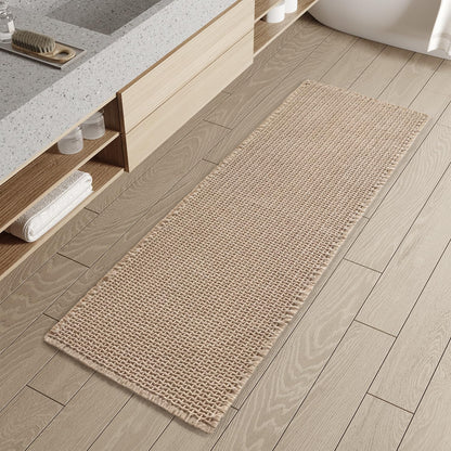 PADOOR Checkered Bath Mat, Super Absorbent Non Slip Bath Mats for Bathroom Floor 3D Two Tone Woven Bathroom Mat with Tassels Machine Washable Bathroom Rugs Beside Tub, 17" x 24", Brown & Cream - 7DAY'S