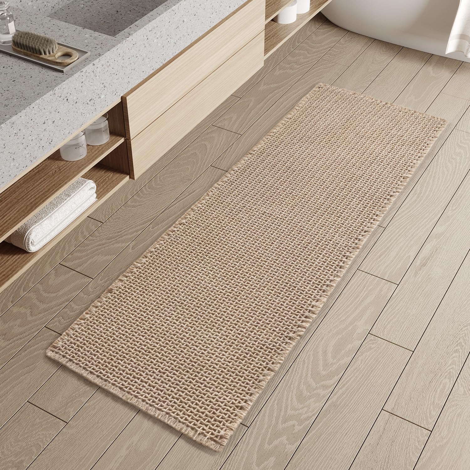 PADOOR Checkered Bath Mat, Super Absorbent Non Slip Bath Mats for Bathroom Floor 3D Two Tone Woven Bathroom Mat with Tassels Machine Washable Bathroom Rugs Beside Tub, 17" x 24", Brown & Cream - 7DAY'S