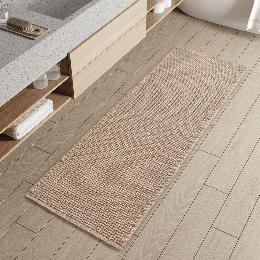 PADOOR Checkered Bath Mat, Super Absorbent Non Slip Bath Mats for Bathroom Floor 3D Two Tone Woven Bathroom Mat with Tassels Machine Washable Bathroom Rugs Beside Tub, 17" x 24", Brown & Cream - 7DAY'S