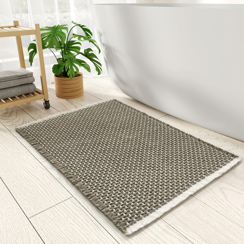 PADOOR Checkered Bath Mat, Super Absorbent Non Slip Bath Mats for Bathroom Floor 3D Two Tone Woven Bathroom Mat with Tassels Machine Washable Bathroom Rugs Beside Tub, 17" x 24", Brown & Cream - 7DAY'S