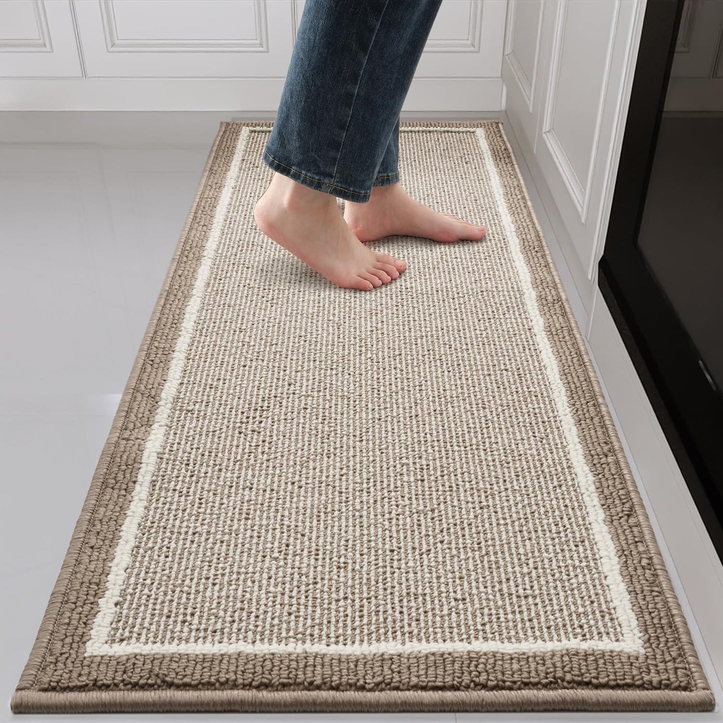 PADOOR Kitchen - Mats for Floor 100% Polypropylene Kitchen Rugs Non Slip Washable, Durable Dirt Resist Half Circle Rug TPR Backed Kitchen Floor Mat, 18"x28", Beige - 7DAY'S