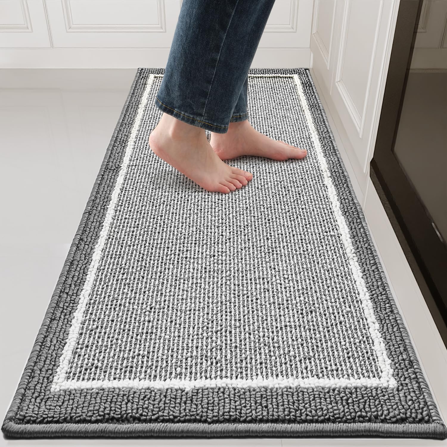 PADOOR Kitchen - Mats for Floor 100% Polypropylene Kitchen Rugs Non Slip Washable, Durable Dirt Resist Half Circle Rug TPR Backed Kitchen Floor Mat, 18"x28", Beige - 7DAY'S