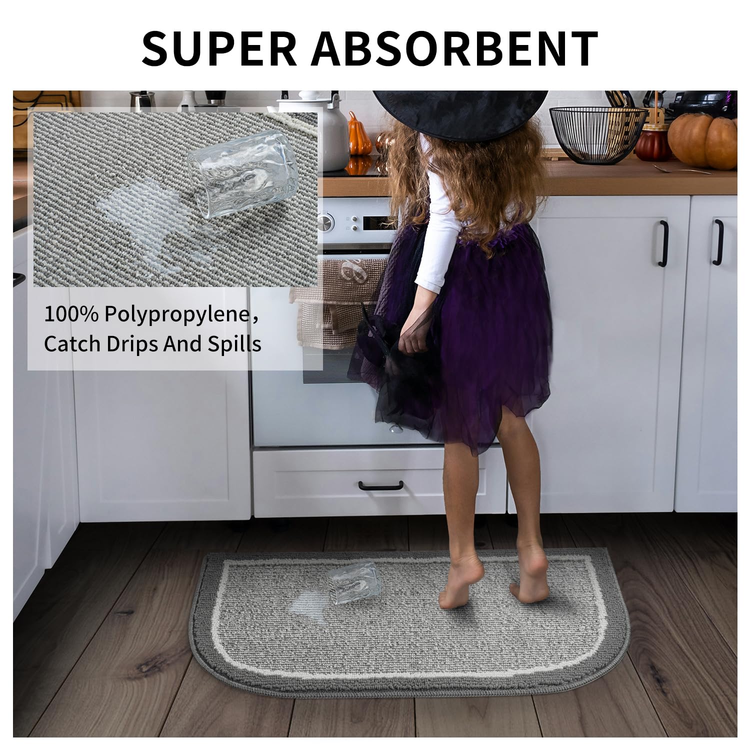 PADOOR Kitchen - Mats for Floor 100% Polypropylene Kitchen Rugs Non Slip Washable, Durable Dirt Resist Half Circle Rug TPR Backed Kitchen Floor Mat, 18"x28", Beige - 7DAY'S