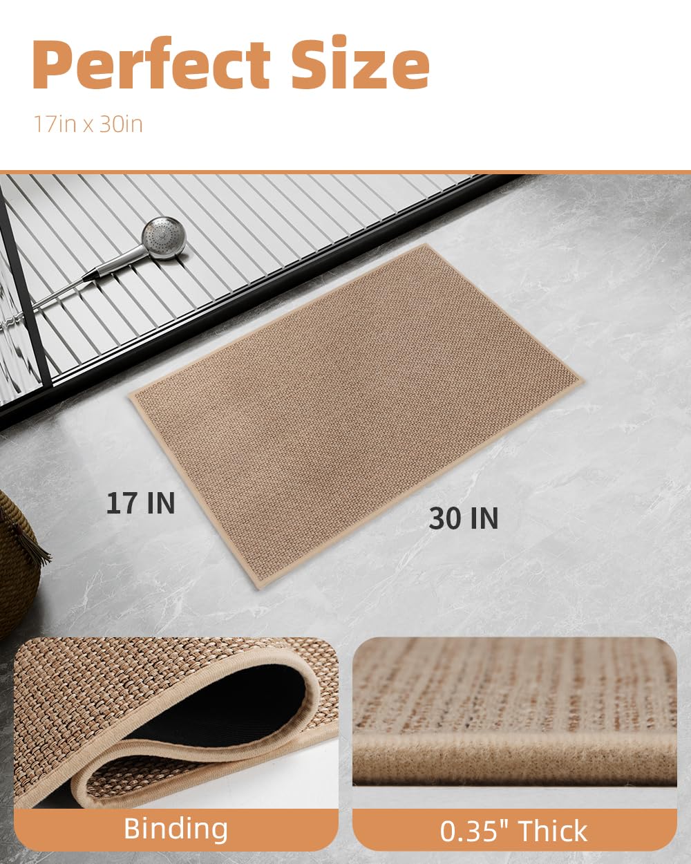 PADOOR Non - Slip Bath Mat With Rubber - Backing, Braided Absorbent Machine Washable Thin Rug for Bathroom Floor, Quick Dry, Fits Under Door, 17''x24'' Beige - 7DAY'S