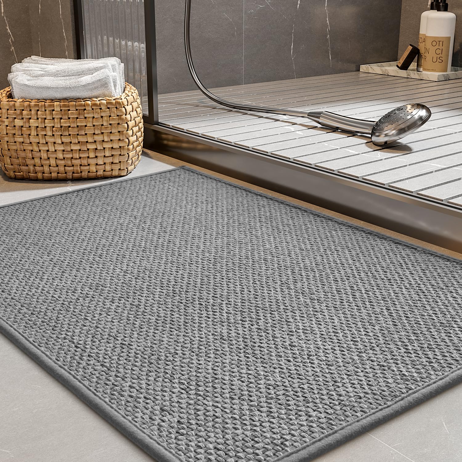 PADOOR Non - Slip Bath Mat With Rubber - Backing, Braided Absorbent Machine Washable Thin Rug for Bathroom Floor, Quick Dry, Fits Under Door, 17''x24'' Beige - 7DAY'S