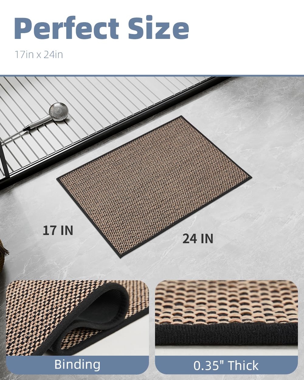 PADOOR Non - Slip Bath Mat With Rubber - Backing, Braided Absorbent Machine Washable Thin Rug for Bathroom Floor, Quick Dry, Fits Under Door, 17''x24'' Beige - 7DAY'S