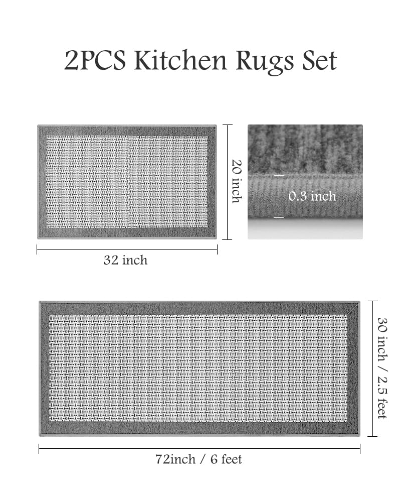 PADOOR Non Slip Kitchen Rugs Sets of 2 - Extra Large 2.5'x6' + 20"x32" Runner Rugs for Kitchen Floor Non Skid Washable, Absorbent Kitchen Mat for in Front of Sink 2 Piece Grey - 7DAY'S