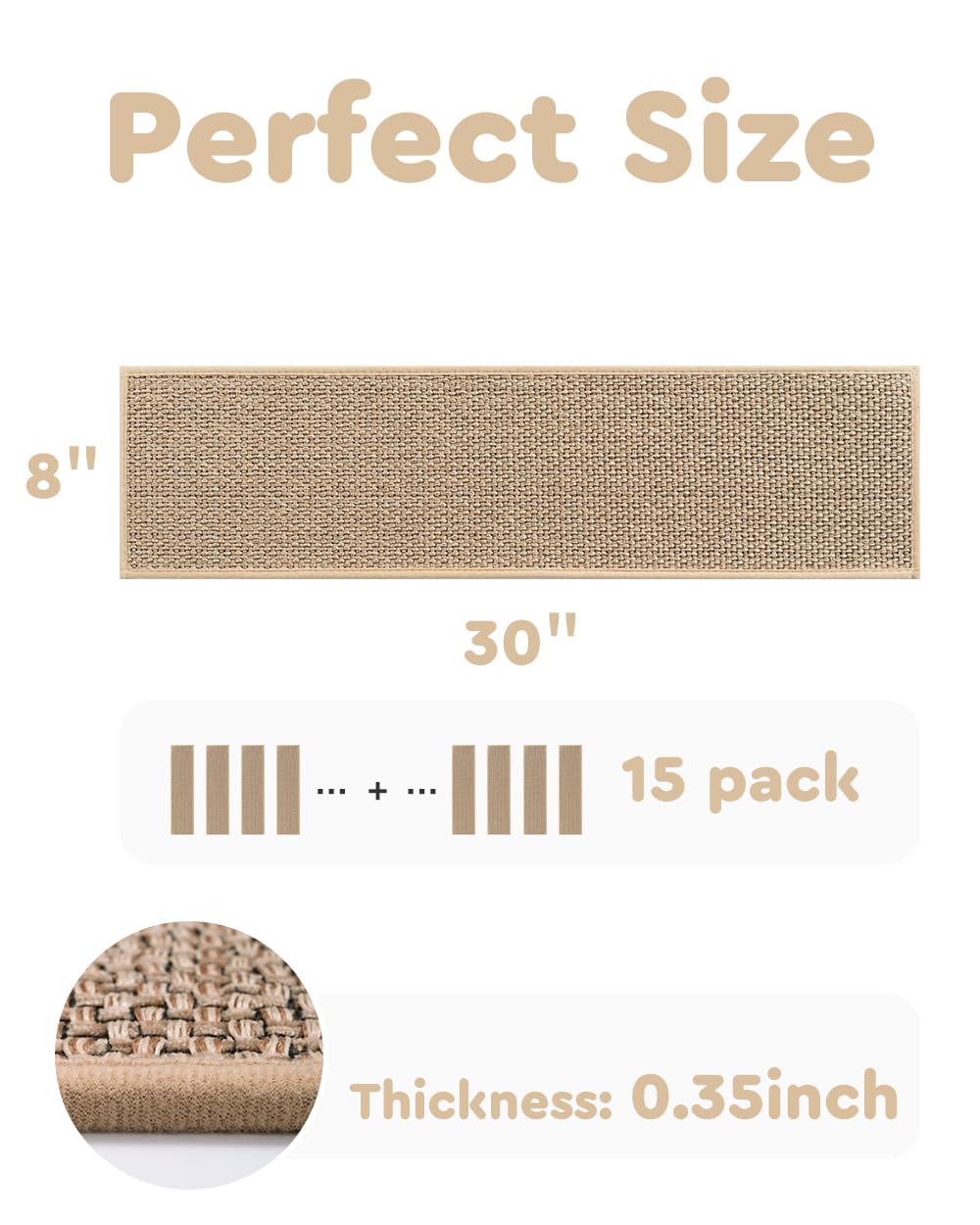 PADOOR Non Slip Stair - Treads,Rubber Backing Stair - Runners for Wooden Steps,15PCS Residue Free Carpet Stair Treads for Kids and Dogs 8"x30" Beige - 7DAY'S