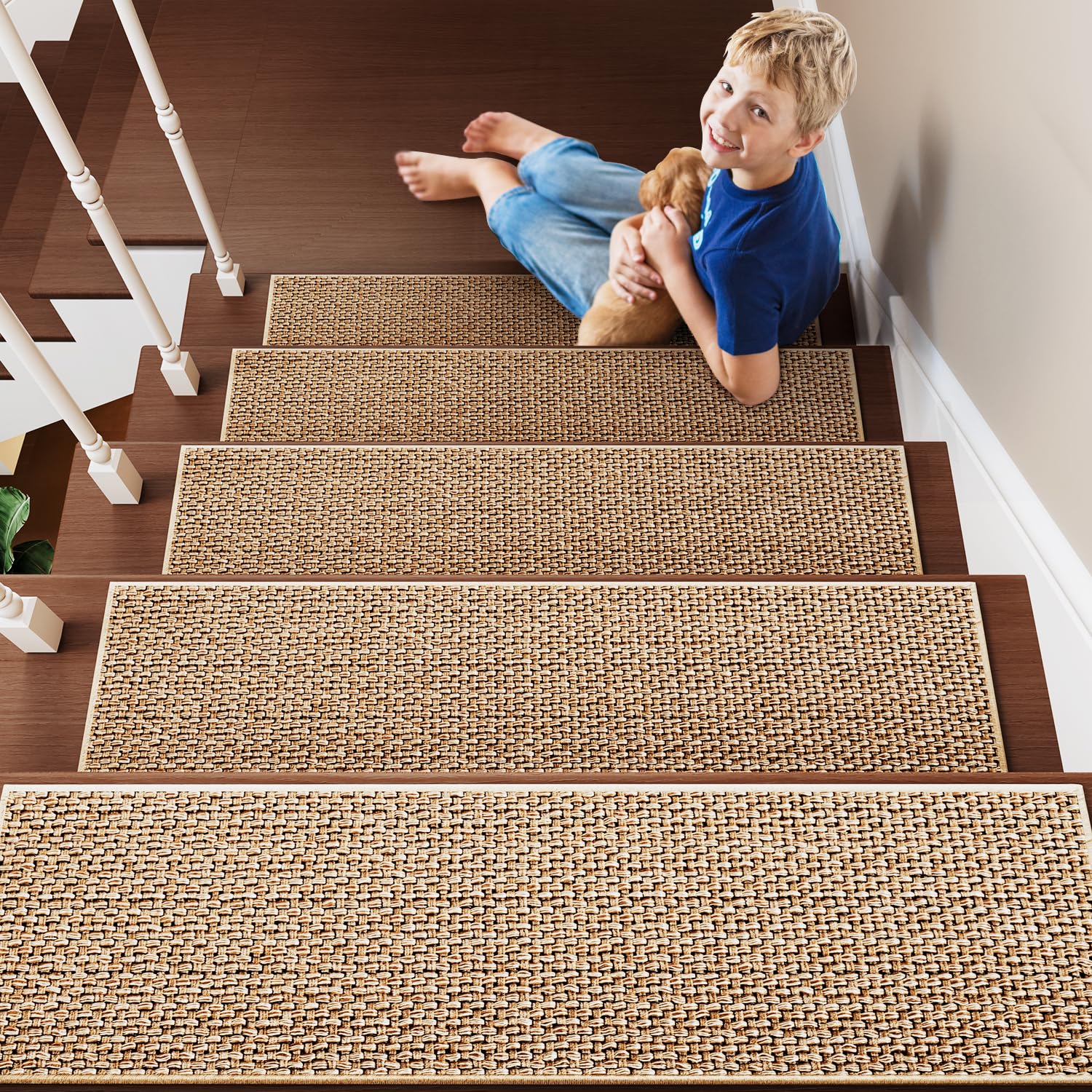 PADOOR Non Slip Stair - Treads,Rubber Backing Stair - Runners for Wooden Steps,15PCS Residue Free Carpet Stair Treads for Kids and Dogs 8"x30" Beige - 7DAY'S