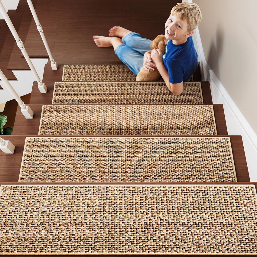 PADOOR Non Slip Stair - Treads,Rubber Backing Stair - Runners for Wooden Steps,15PCS Residue Free Carpet Stair Treads for Kids and Dogs 8"x30" Beige - 7DAY'S