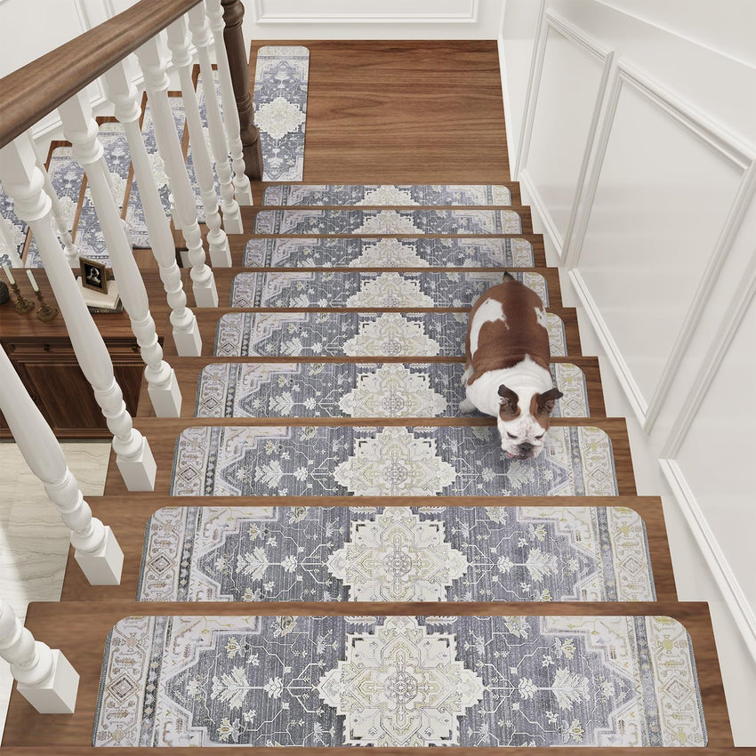 PADOOR Stair - Treads Non Slip for Wooden Steps, 15psc Rubber Backing 8" X 30" Staircase Step Treads Indoor Residue Free, Reusable Carpet Stair Treads Waterproof Stair Runner for Dogs, Kids - Grey - 7DAY'S