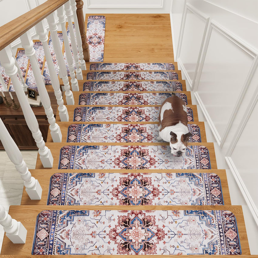 PADOOR Stair - Treads Non Slip for Wooden Steps, 15psc Rubber Backing 8" X 30" Staircase Step Treads Indoor Residue Free, Reusable Carpet Stair Treads Waterproof Stair Runner for Dogs, Kids - Blue - 7DAY'S