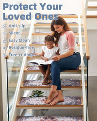 PADOOR Stair - Treads Non Slip for Wooden Steps, 15psc Rubber Backing 8" X 30" Staircase Step Treads Indoor Residue Free, Reusable Carpet Stair Treads Waterproof Stair Runner for Dogs, Kids - Blue - 7DAY'S