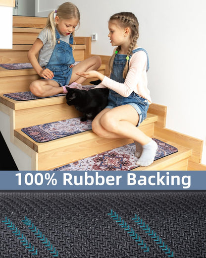 PADOOR Stair - Treads Non Slip for Wooden Steps, 15psc Rubber Backing 8" X 30" Staircase Step Treads Indoor Residue Free, Reusable Carpet Stair Treads Waterproof Stair Runner for Dogs, Kids - Blue - 7DAY'S