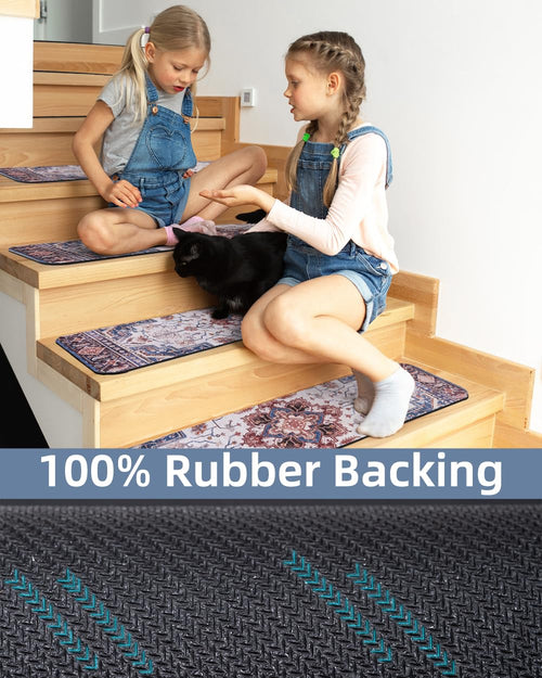 PADOOR Stair - Treads Non Slip for Wooden Steps, 15psc Rubber Backing 8" X 30" Staircase Step Treads Indoor Residue Free, Reusable Carpet Stair Treads Waterproof Stair Runner for Dogs, Kids - Blue - 7DAY'S