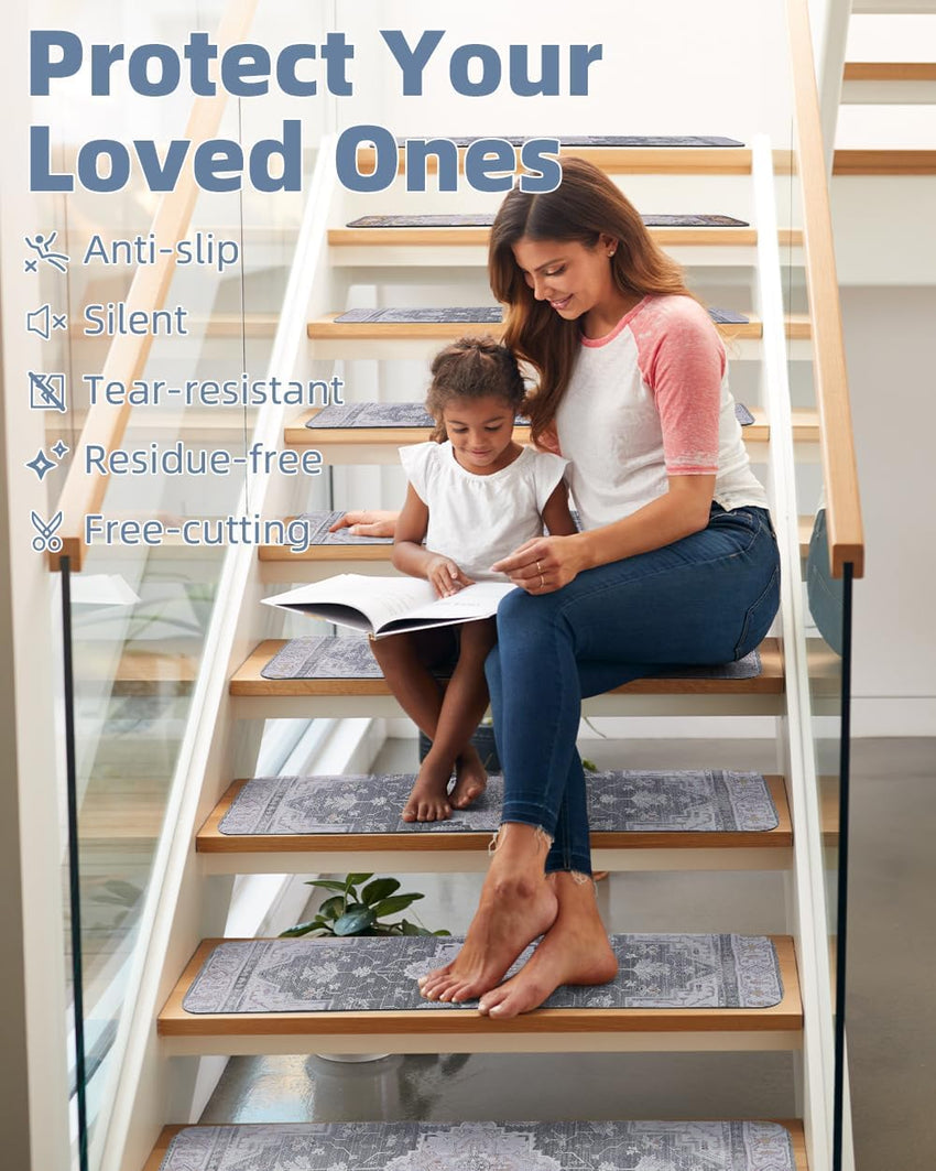 PADOOR Stair - Treads Non Slip for Wooden Steps, 15psc Rubber Backing 8" X 30" Staircase Step Treads Indoor Residue Free, Reusable Carpet Stair Treads Waterproof Stair Runner for Dogs, Kids - Grey - 7DAY'S