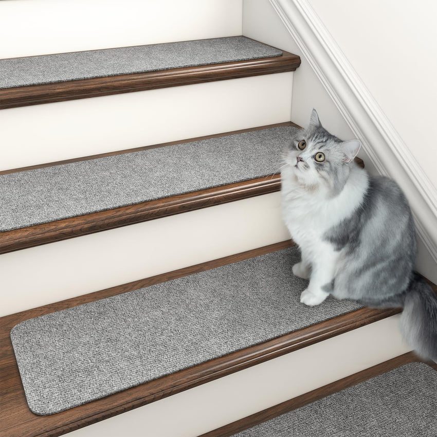 PADOOR Stair - Treads Non Slip, Reusable Stair - Runners for Wooden Steps 15PCS Adhesive Backing Carpet Stair Treads for Kids and Dogs 30"X8" Grey - 7DAY'S