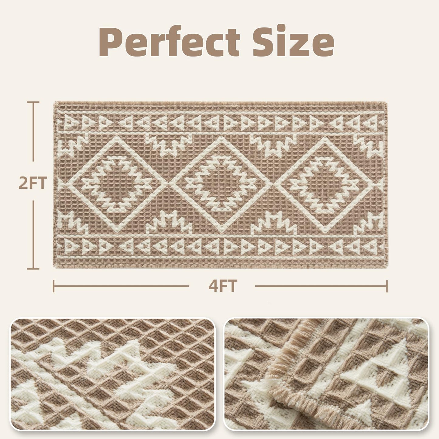 PADOOR - Waffle Bath Mat 24"x36" - Super Absorbent Bath Mats for Bathroom, Machine Washable Non Slip Bathroom Rug with Tassels, Soft Bathroom Mat for Laundry Room, Bedroom, Brown & Cream, 2'x 3' - 7DAY'S