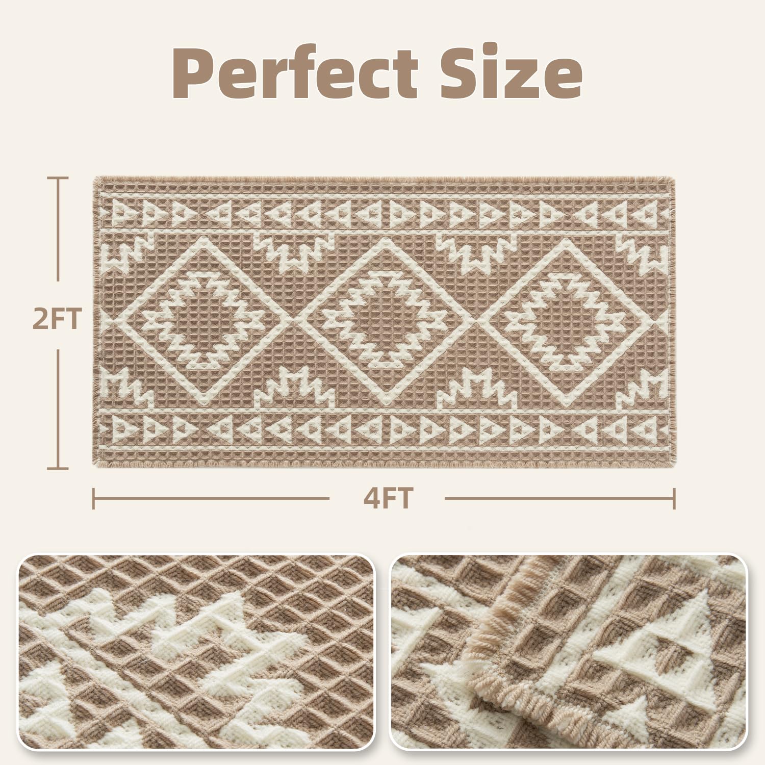 PADOOR - Waffle Bath Mat 24"x36" - Super Absorbent Bath Mats for Bathroom, Machine Washable Non Slip Bathroom Rug with Tassels, Soft Bathroom Mat for Laundry Room, Bedroom, Brown & Cream, 2'x 3' - 7DAY'S