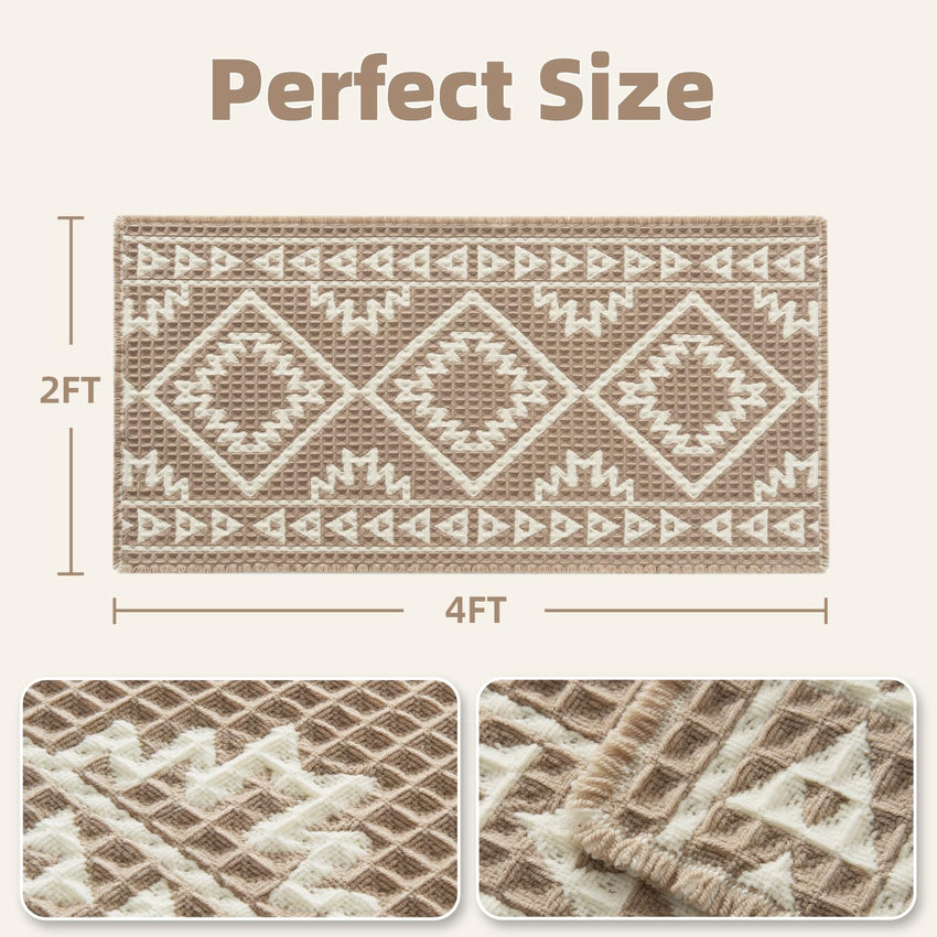PADOOR - Waffle Bath Mat 24"x36" - Super Absorbent Bath Mats for Bathroom, Machine Washable Non Slip Bathroom Rug with Tassels, Soft Bathroom Mat for Laundry Room, Bedroom, Brown & Cream, 2'x 3' - 7DAY'S