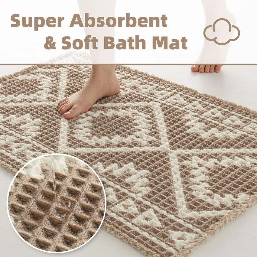 PADOOR - Waffle Bath Mat 24"x36" - Super Absorbent Bath Mats for Bathroom, Machine Washable Non Slip Bathroom Rug with Tassels, Soft Bathroom Mat for Laundry Room, Bedroom, Brown & Cream, 2'x 3' - 7DAY'S