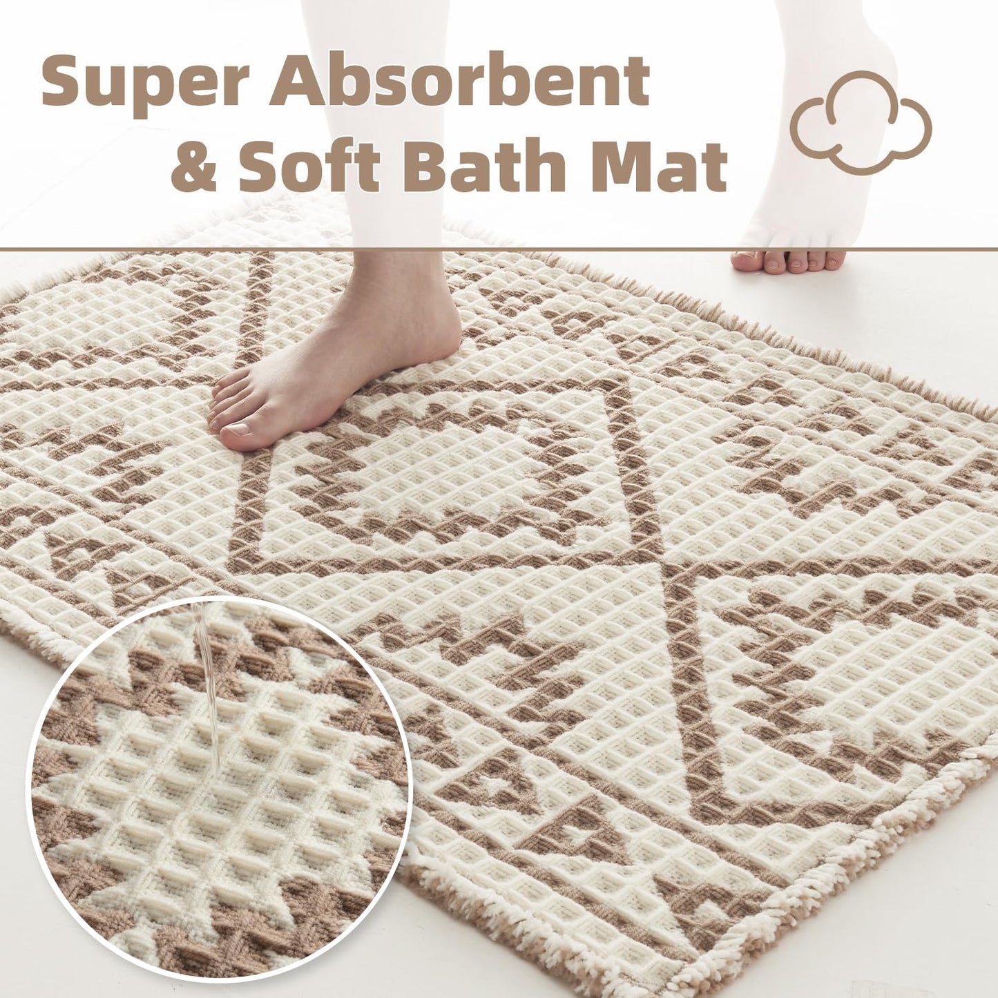 PADOOR - Waffle Bath Mat 24"x36" - Super Absorbent Bath Mats for Bathroom, Machine Washable Non Slip Bathroom Rug with Tassels, Soft Bathroom Mat for Laundry Room, Bedroom, Brown & Cream, 2'x 3' - 7DAY'S