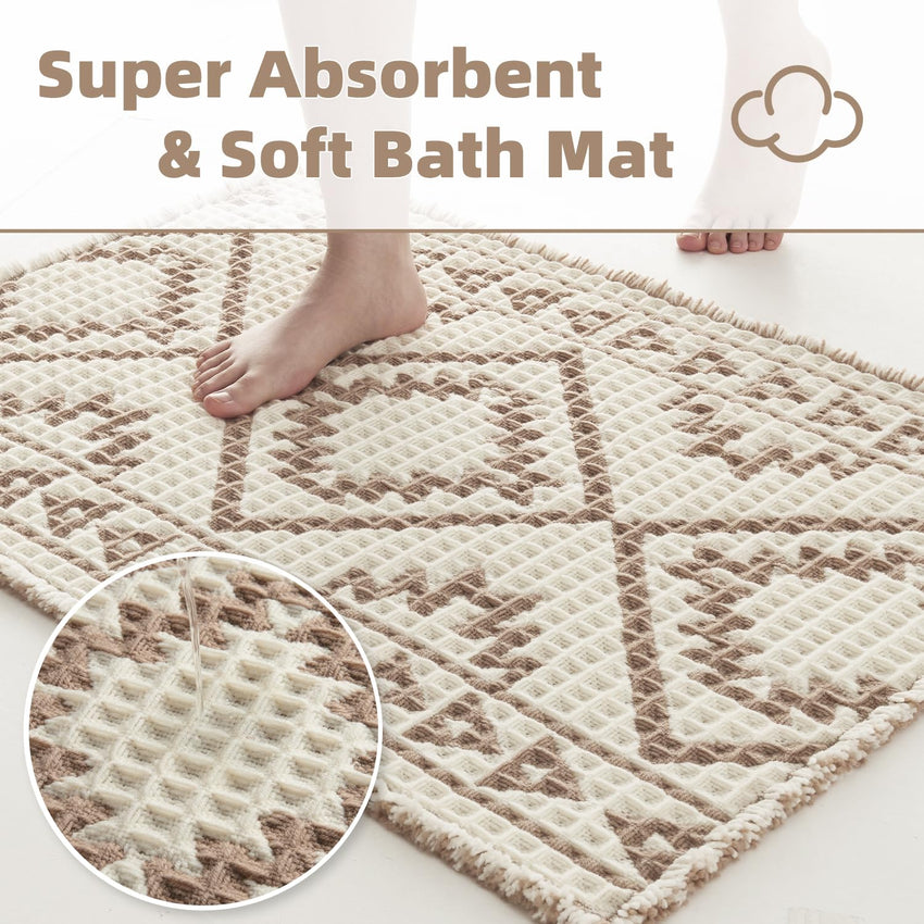 PADOOR - Waffle Bath Mat 24"x36" - Super Absorbent Bath Mats for Bathroom, Machine Washable Non Slip Bathroom Rug with Tassels, Soft Bathroom Mat for Laundry Room, Bedroom, Brown & Cream, 2'x 3' - 7DAY'S