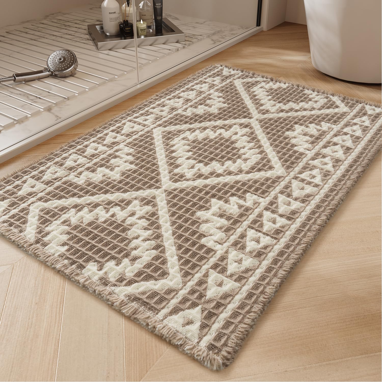 PADOOR - Waffle Bath Mat 24"x36" - Super Absorbent Bath Mats for Bathroom, Machine Washable Non Slip Bathroom Rug with Tassels, Soft Bathroom Mat for Laundry Room, Bedroom, Brown & Cream, 2'x 3' - 7DAY'S