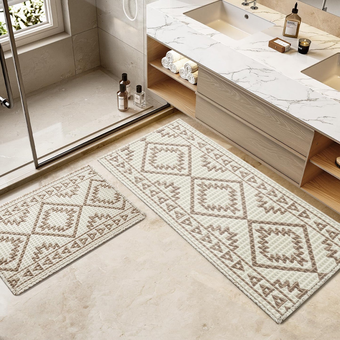 PADOOR - Waffle Bath Mat 24"x36" - Super Absorbent Bath Mats for Bathroom, Machine Washable Non Slip Bathroom Rug with Tassels, Soft Bathroom Mat for Laundry Room, Bedroom, Brown & Cream, 2'x 3' - 7DAY'S