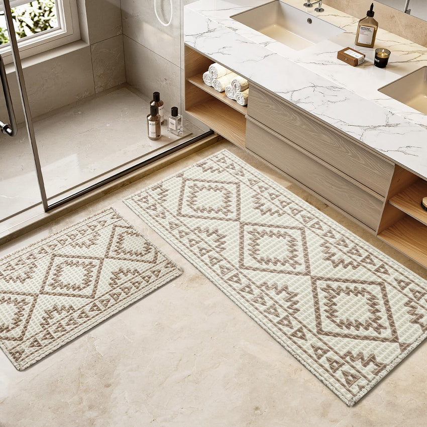 PADOOR - Waffle Bath Mat 24"x36" - Super Absorbent Bath Mats for Bathroom, Machine Washable Non Slip Bathroom Rug with Tassels, Soft Bathroom Mat for Laundry Room, Bedroom, Brown & Cream, 2'x 3' - 7DAY'S