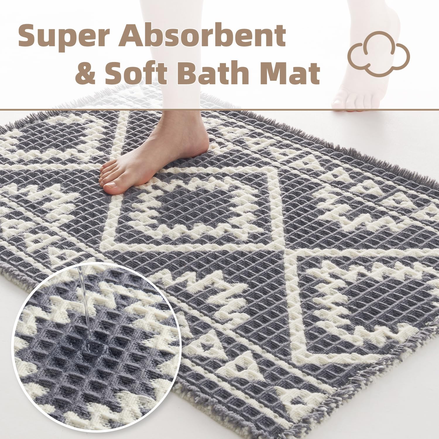 PADOOR - Waffle Bath Mat 24"x36" - Super Absorbent Bath Mats for Bathroom, Machine Washable Non Slip Bathroom Rug with Tassels, Soft Bathroom Mat for Laundry Room, Bedroom, Brown & Cream, 2'x 3' - 7DAY'S