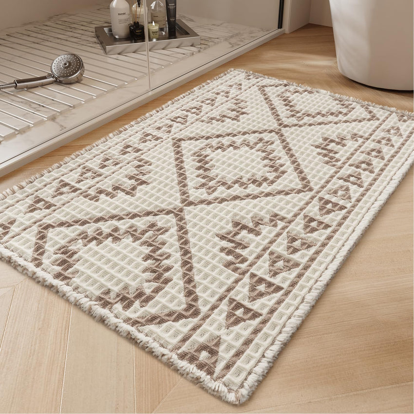 PADOOR - Waffle Bath Mat 24"x36" - Super Absorbent Bath Mats for Bathroom, Machine Washable Non Slip Bathroom Rug with Tassels, Soft Bathroom Mat for Laundry Room, Bedroom, Brown & Cream, 2'x 3' - 7DAY'S