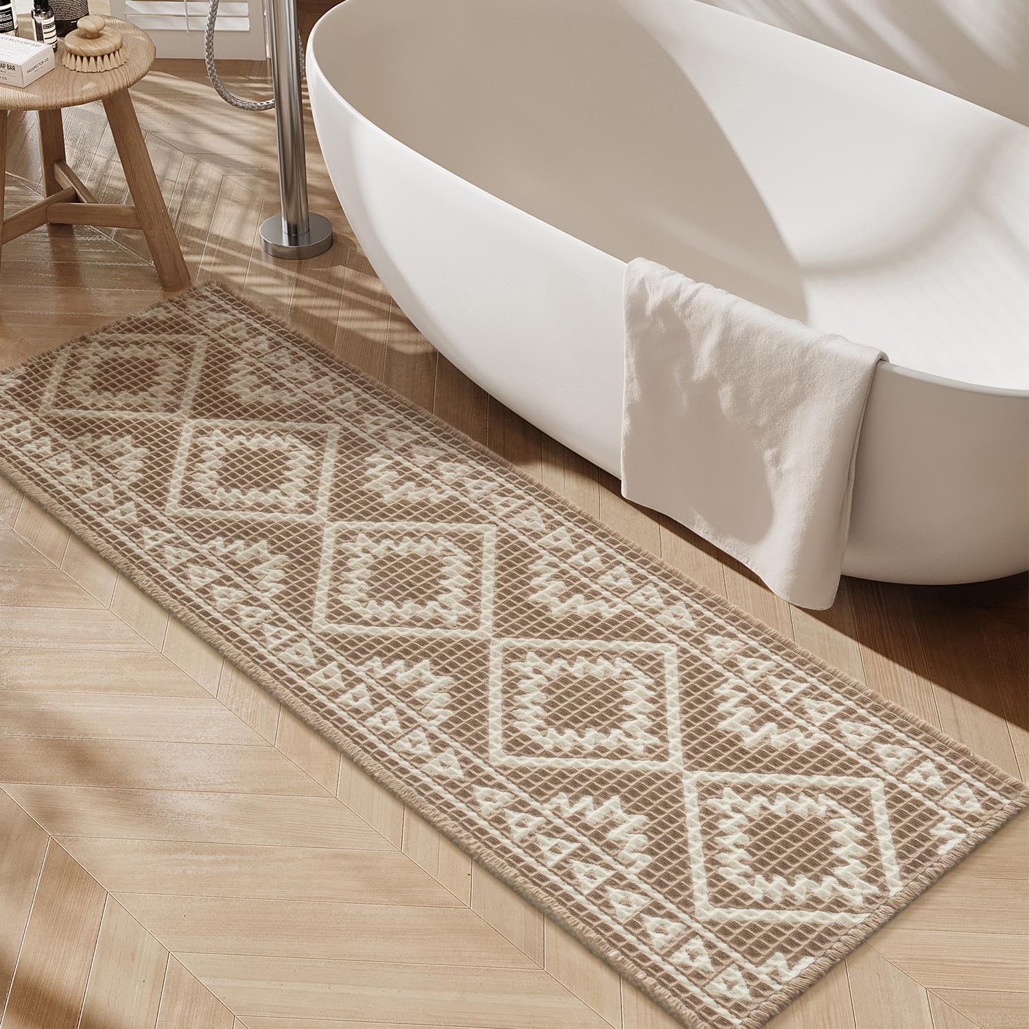 PADOOR - Waffle Bath Mat 24"x36" - Super Absorbent Bath Mats for Bathroom, Machine Washable Non Slip Bathroom Rug with Tassels, Soft Bathroom Mat for Laundry Room, Bedroom, Brown & Cream, 2'x 3' - 7DAY'S