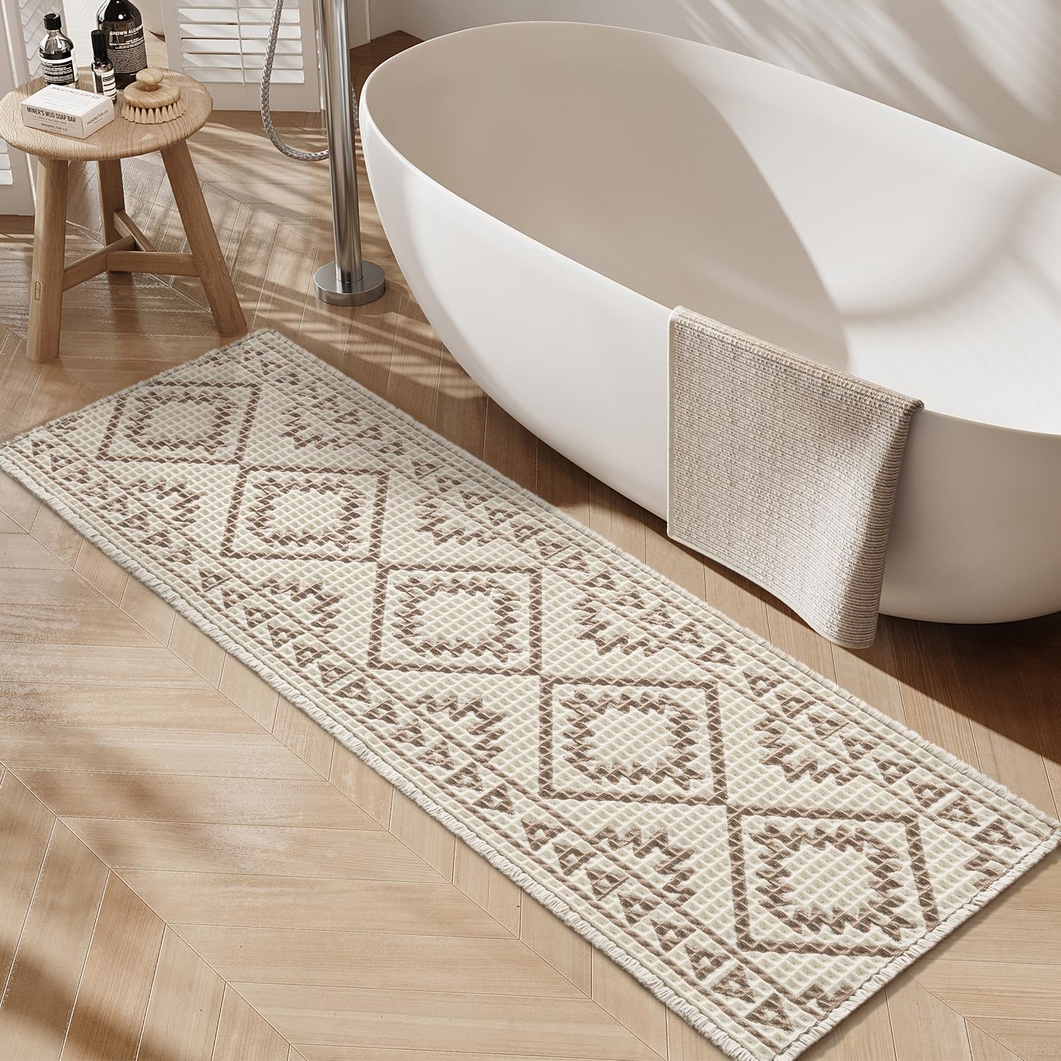 PADOOR - Waffle Bath Mat 24"x36" - Super Absorbent Bath Mats for Bathroom, Machine Washable Non Slip Bathroom Rug with Tassels, Soft Bathroom Mat for Laundry Room, Bedroom, Brown & Cream, 2'x 3' - 7DAY'S