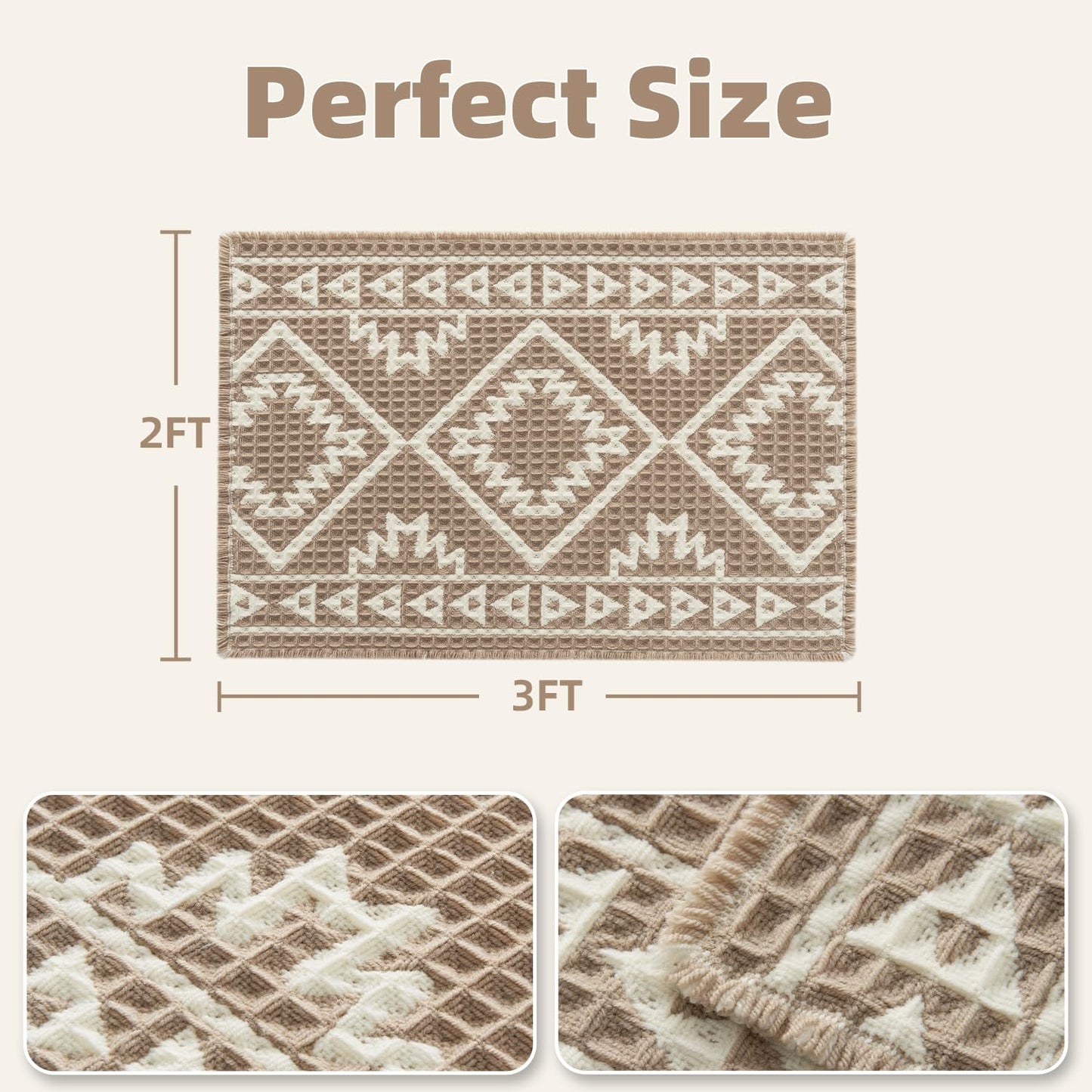 PADOOR - Waffle Bath Mat 24"x36" - Super Absorbent Bath Mats for Bathroom, Machine Washable Non Slip Bathroom Rug with Tassels, Soft Bathroom Mat for Laundry Room, Bedroom, Brown & Cream, 2'x 3' - 7DAY'S