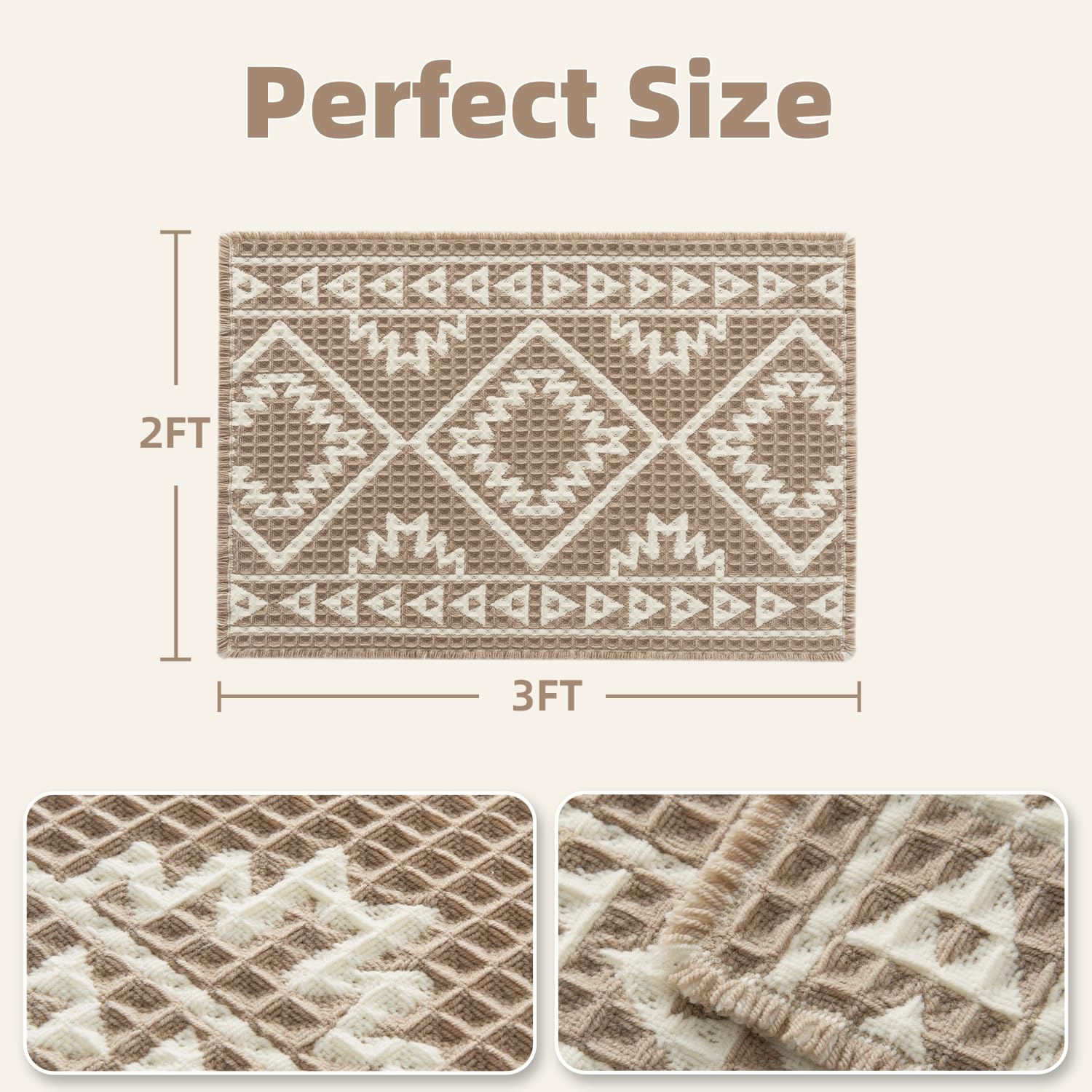 PADOOR - Waffle Bath Mat 24"x36" - Super Absorbent Bath Mats for Bathroom, Machine Washable Non Slip Bathroom Rug with Tassels, Soft Bathroom Mat for Laundry Room, Bedroom, Brown & Cream, 2'x 3' - 7DAY'S