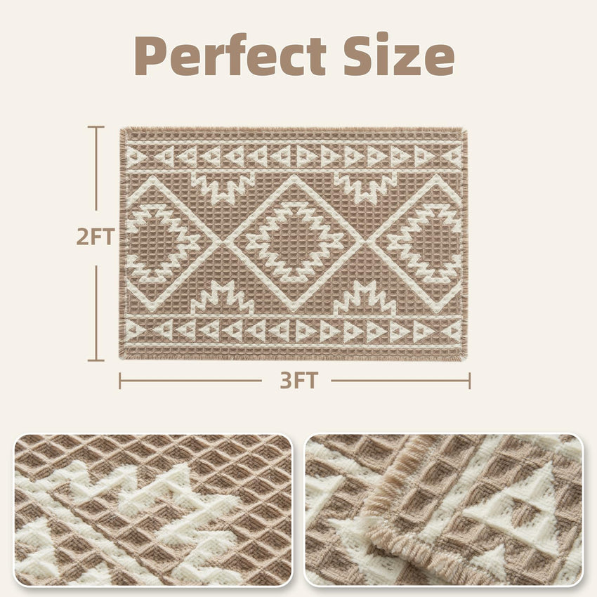 PADOOR - Waffle Bath Mat 24"x36" - Super Absorbent Bath Mats for Bathroom, Machine Washable Non Slip Bathroom Rug with Tassels, Soft Bathroom Mat for Laundry Room, Bedroom, Brown & Cream, 2'x 3' - 7DAY'S