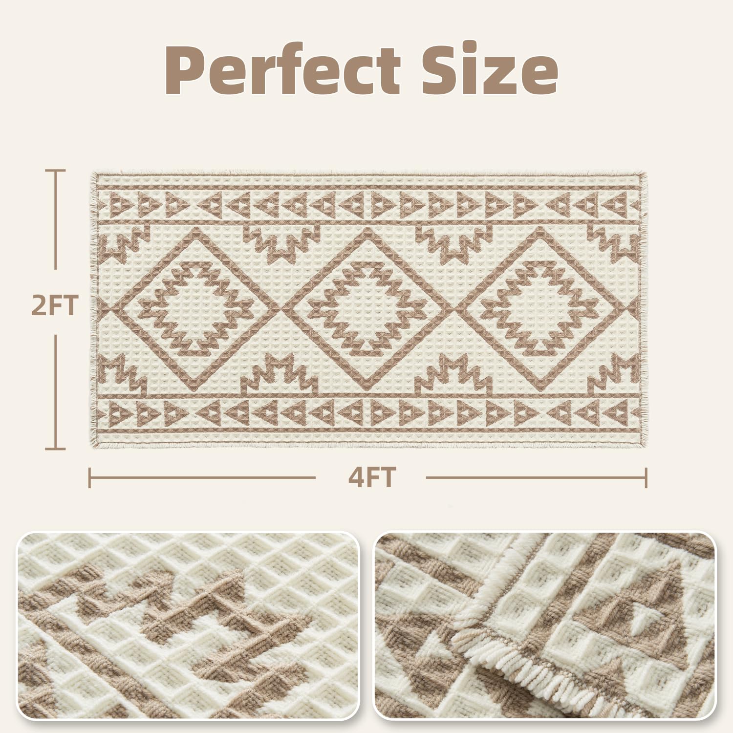PADOOR - Waffle Bath Mat 24"x36" - Super Absorbent Bath Mats for Bathroom, Machine Washable Non Slip Bathroom Rug with Tassels, Soft Bathroom Mat for Laundry Room, Bedroom, Brown & Cream, 2'x 3' - 7DAY'S