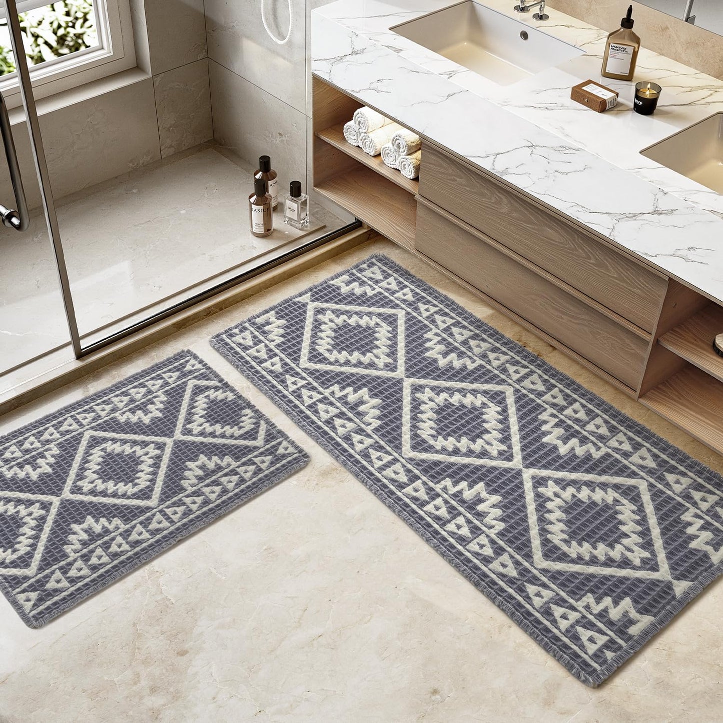 PADOOR - Waffle Bath Mat 24"x36" - Super Absorbent Bath Mats for Bathroom, Machine Washable Non Slip Bathroom Rug with Tassels, Soft Bathroom Mat for Laundry Room, Bedroom, Brown & Cream, 2'x 3' - 7DAY'S