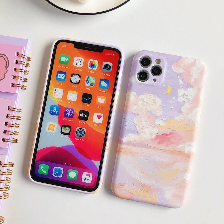 Painted pink clouds for 13/14ProMax Apple XS/XR phone case iPhone 11 soft shell 12 Korean style - 7DAY'S