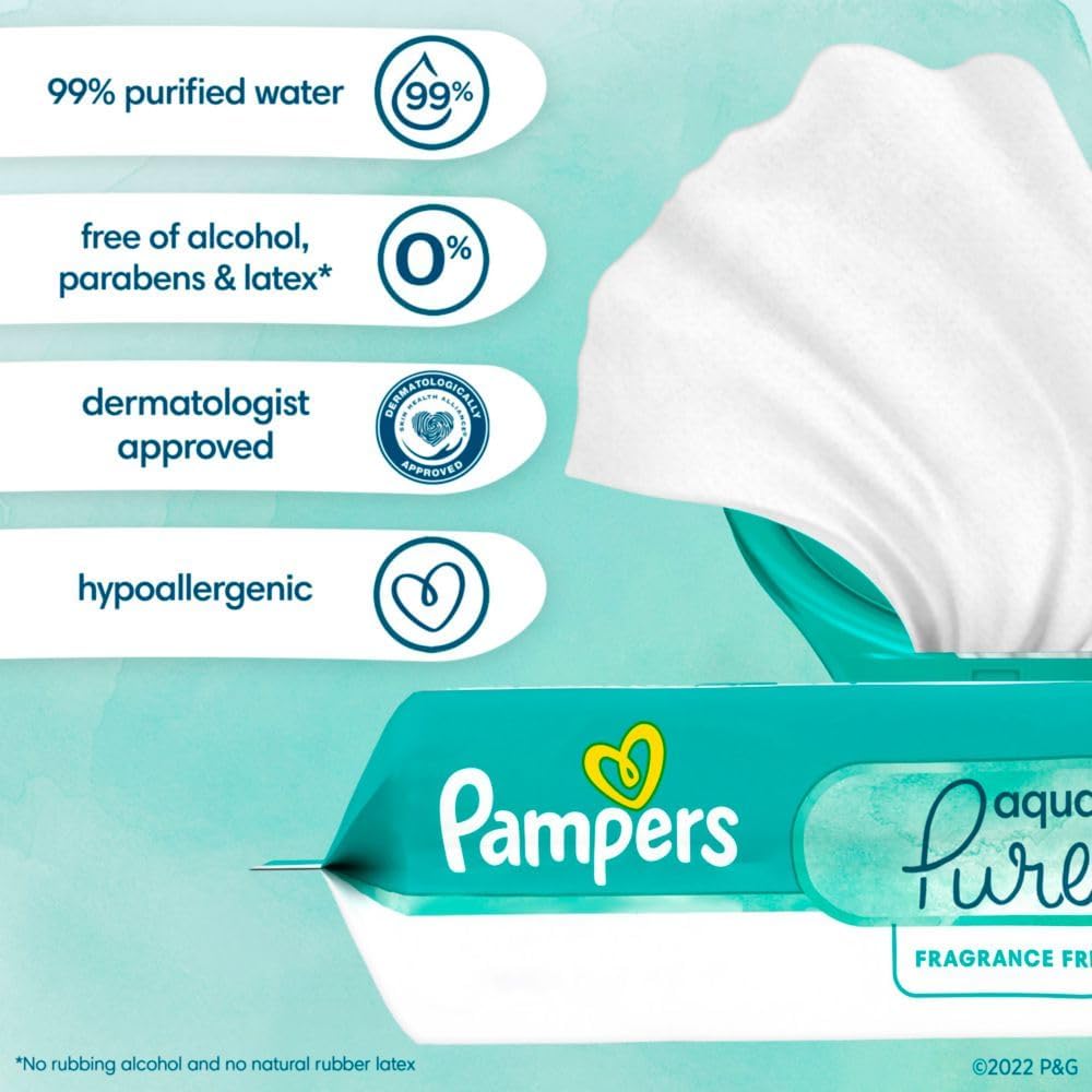 Pampers Baby Wipes Aqua Pure, 99% water - based wipes, Hypoallergenic and Unscented Baby Wipes, 672 Wipes Total (12 Flip - Top Packs) - 7DAY'S
