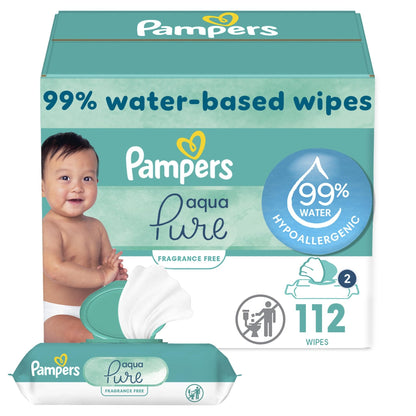 Pampers Baby Wipes Aqua Pure, 99% water - based wipes, Hypoallergenic and Unscented Baby Wipes, 672 Wipes Total (12 Flip - Top Packs) - 7DAY'S