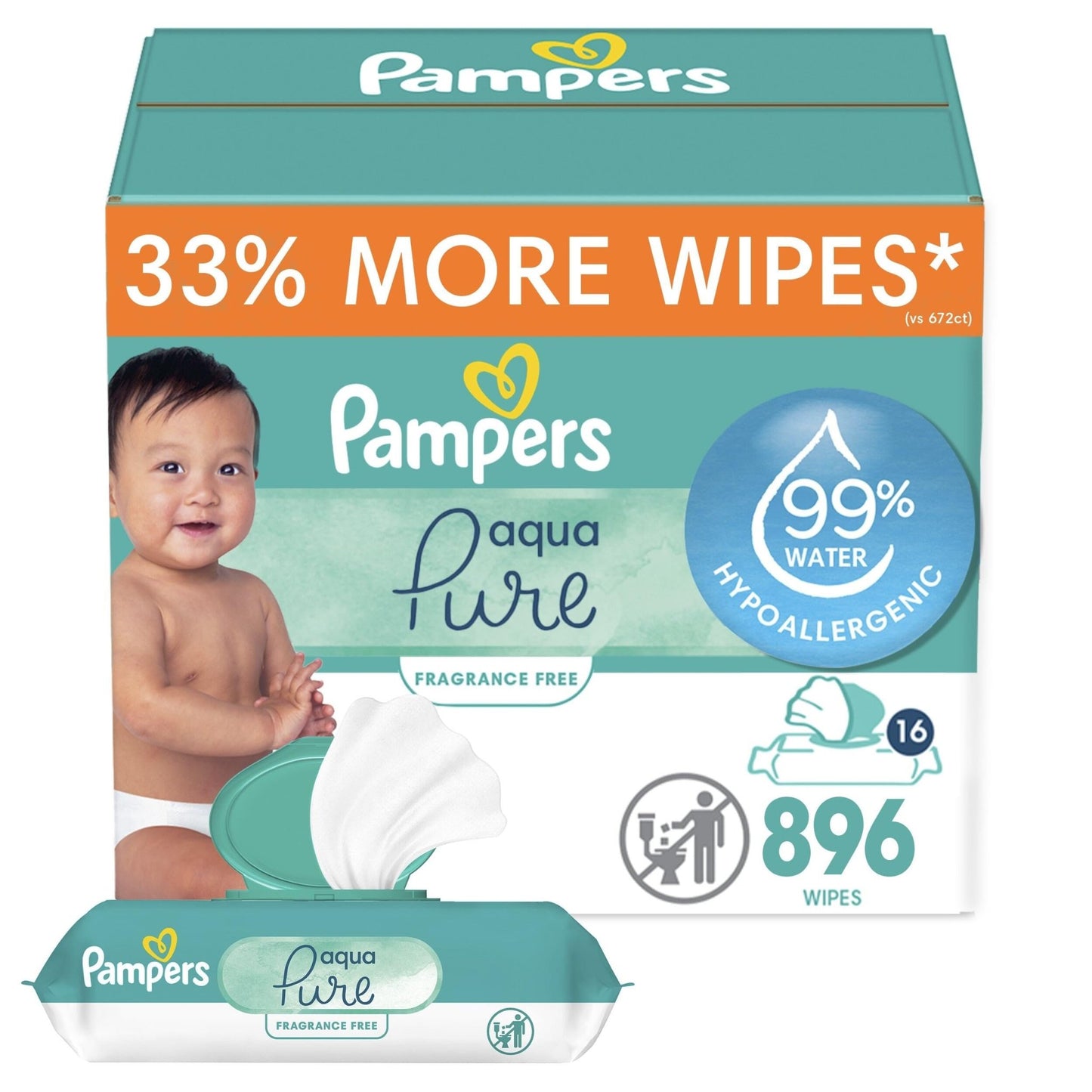 Pampers Baby Wipes Aqua Pure, 99% water - based wipes, Hypoallergenic and Unscented Baby Wipes, 672 Wipes Total (12 Flip - Top Packs) - 7DAY'S
