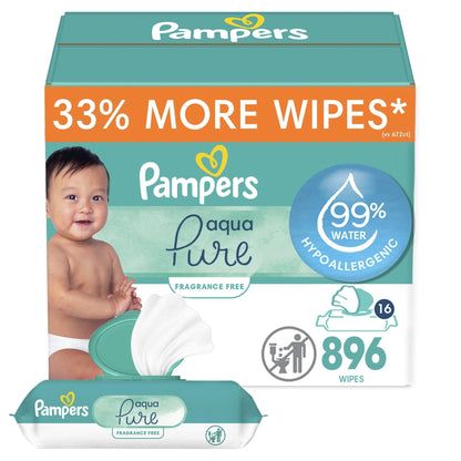 Pampers Baby Wipes Aqua Pure, 99% water - based wipes, Hypoallergenic and Unscented Baby Wipes, 672 Wipes Total (12 Flip - Top Packs) - 7DAY'S