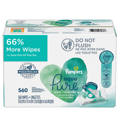 Pampers Baby Wipes Aqua Pure, 99% water - based wipes, Hypoallergenic and Unscented Baby Wipes, 672 Wipes Total (12 Flip - Top Packs) - 7DAY'S