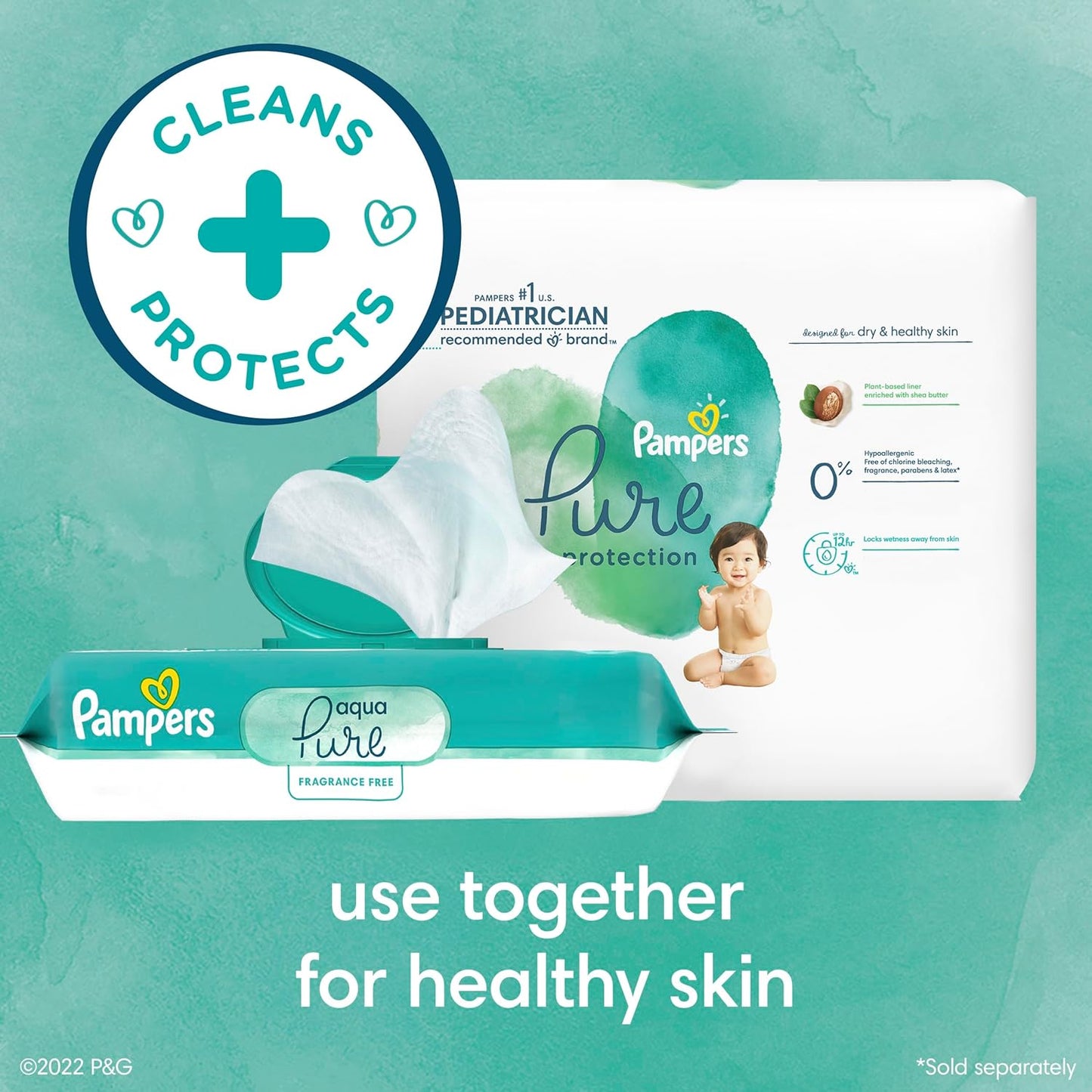 Pampers Baby Wipes Aqua Pure, 99% water - based wipes, Hypoallergenic and Unscented Baby Wipes, 672 Wipes Total (12 Flip - Top Packs) - 7DAY'S
