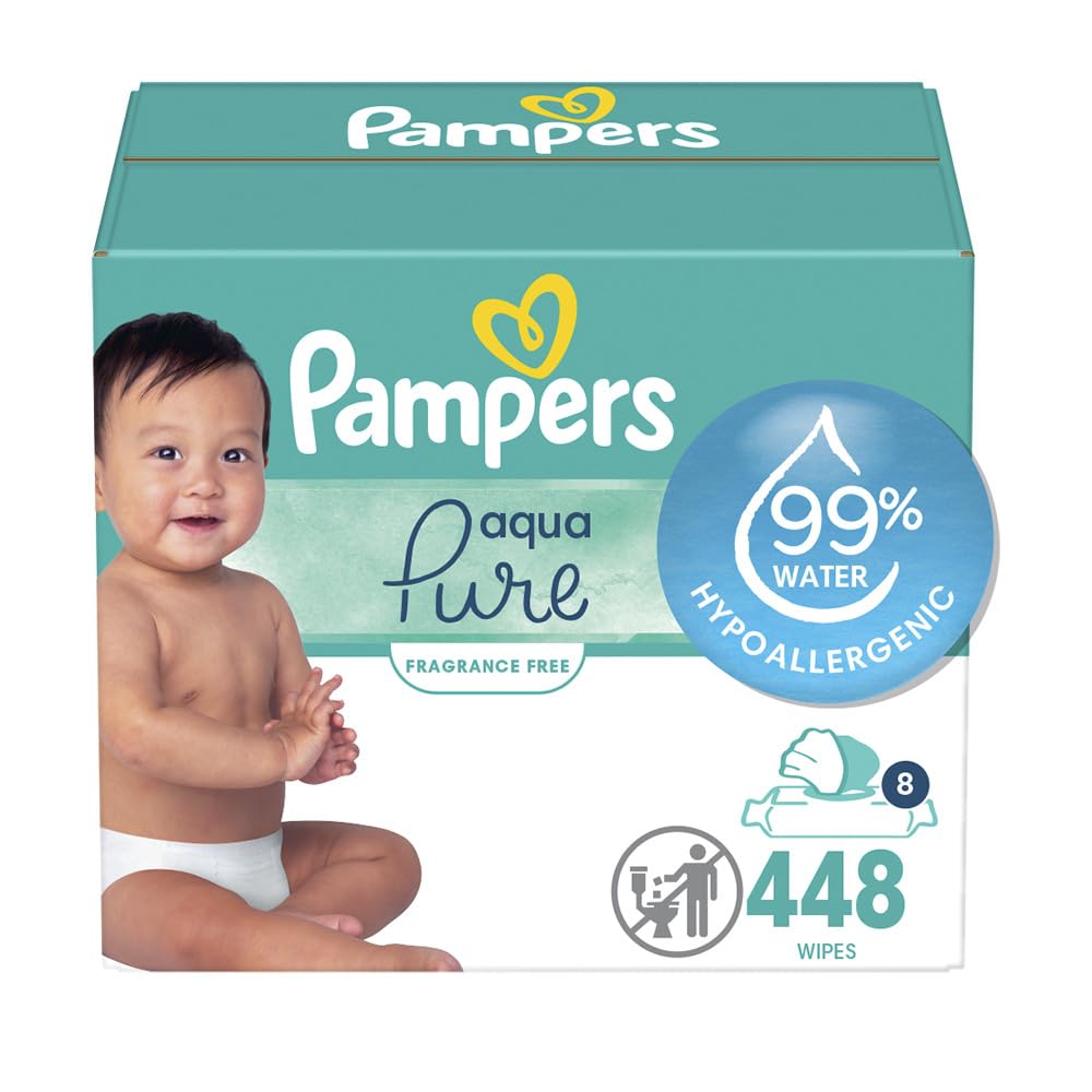 Pampers Baby Wipes Aqua Pure, 99% water - based wipes, Hypoallergenic and Unscented Baby Wipes, 672 Wipes Total (12 Flip - Top Packs) - 7DAY'S