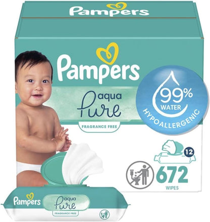 Pampers Baby Wipes Aqua Pure, 99% water - based wipes, Hypoallergenic and Unscented Baby Wipes, 672 Wipes Total (12 Flip - Top Packs) - 7DAY'S