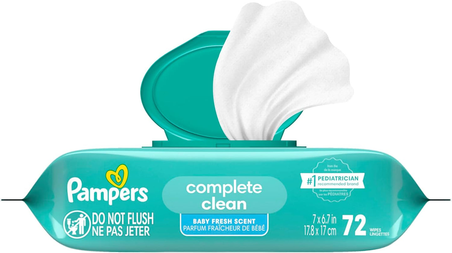 Pampers Baby Wipes, Complete Clean Baby Fresh Scented Wipe, Gently Cleans Head to Toe, 72 Total (1 Flip - Top Packs) - 7DAY'S